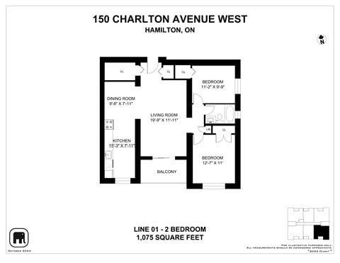 Floor plan for 2 beds, 1 bath, 1075 sqft